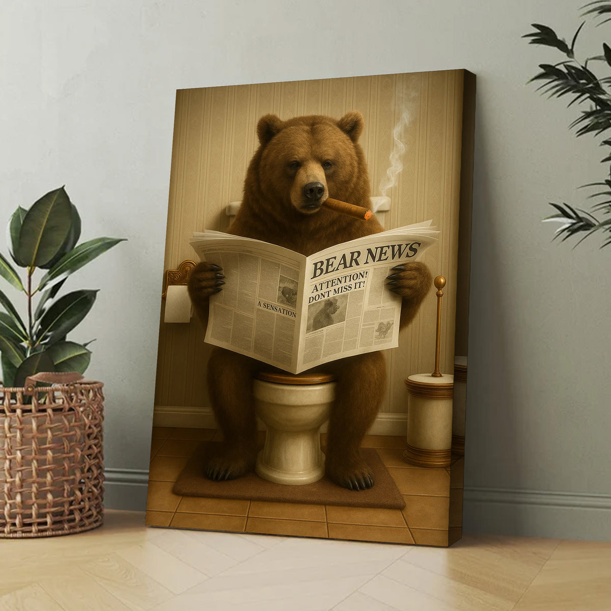Grizzly Bear Bathroom Canvas – Funny Cabin Decor with Bear Hunting on Toilet Reading Newspaper