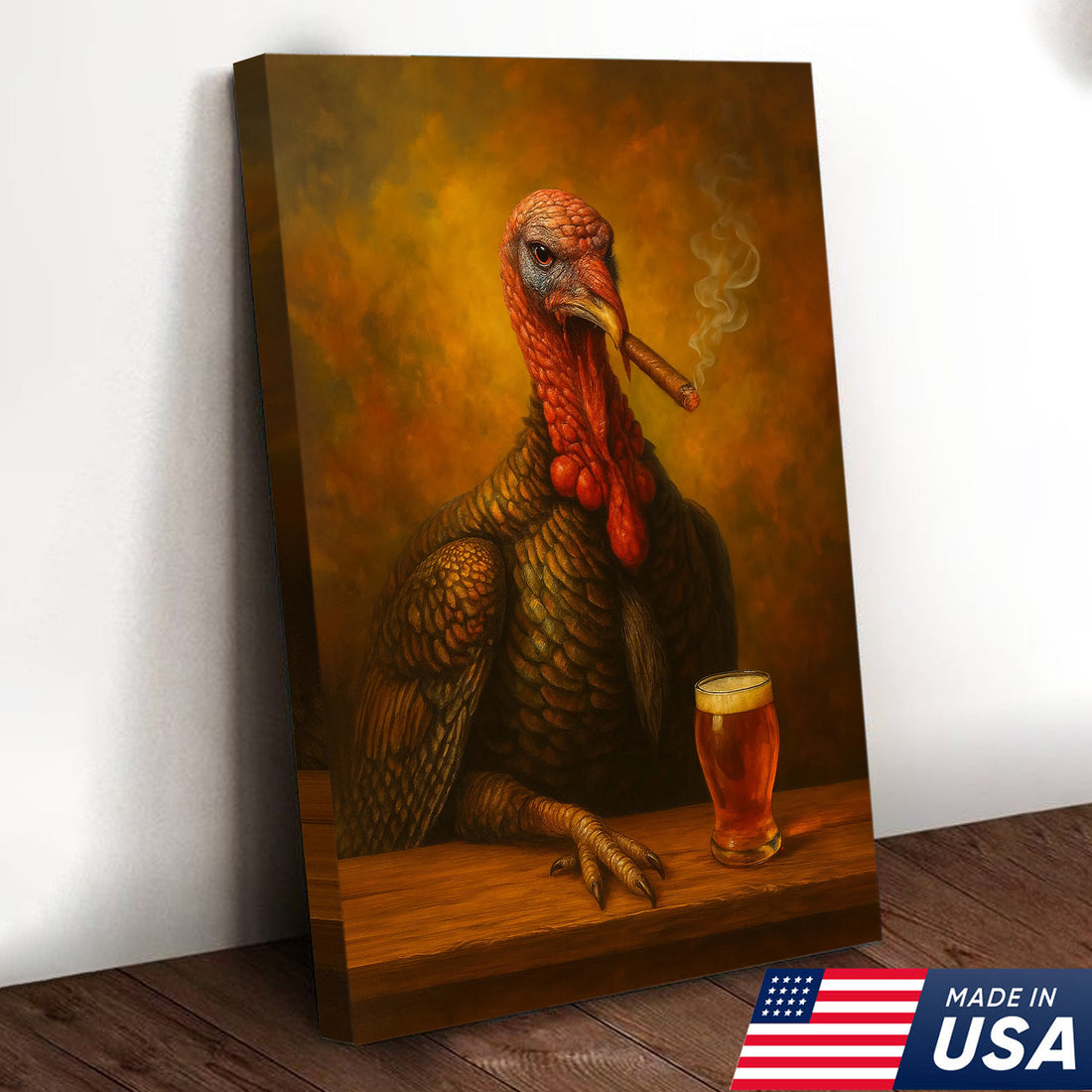 Funny Turkey Drinking Cocktail Glasses and Smoking Canvas – Rustic Farmhouse Wall Art