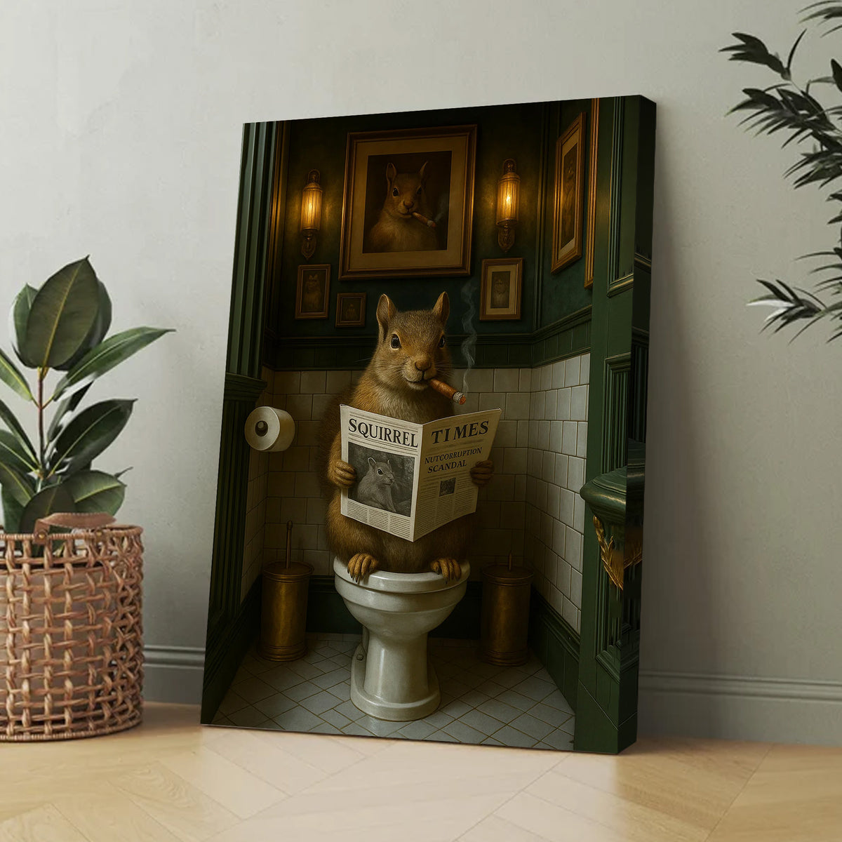 Funny Squirrel on Toilet Poster Canvas – Hilarious Wildlife Bathroom Scene - Lodge Humor Canvas