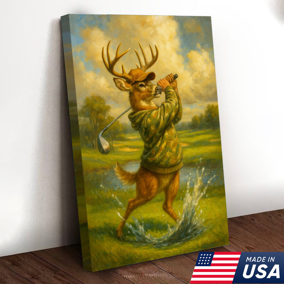 Funny Deer Playing Golf Canvas Wall Art – Rustic Hunting Cabin Lodge Decor, Man Cave & Golfer Gift