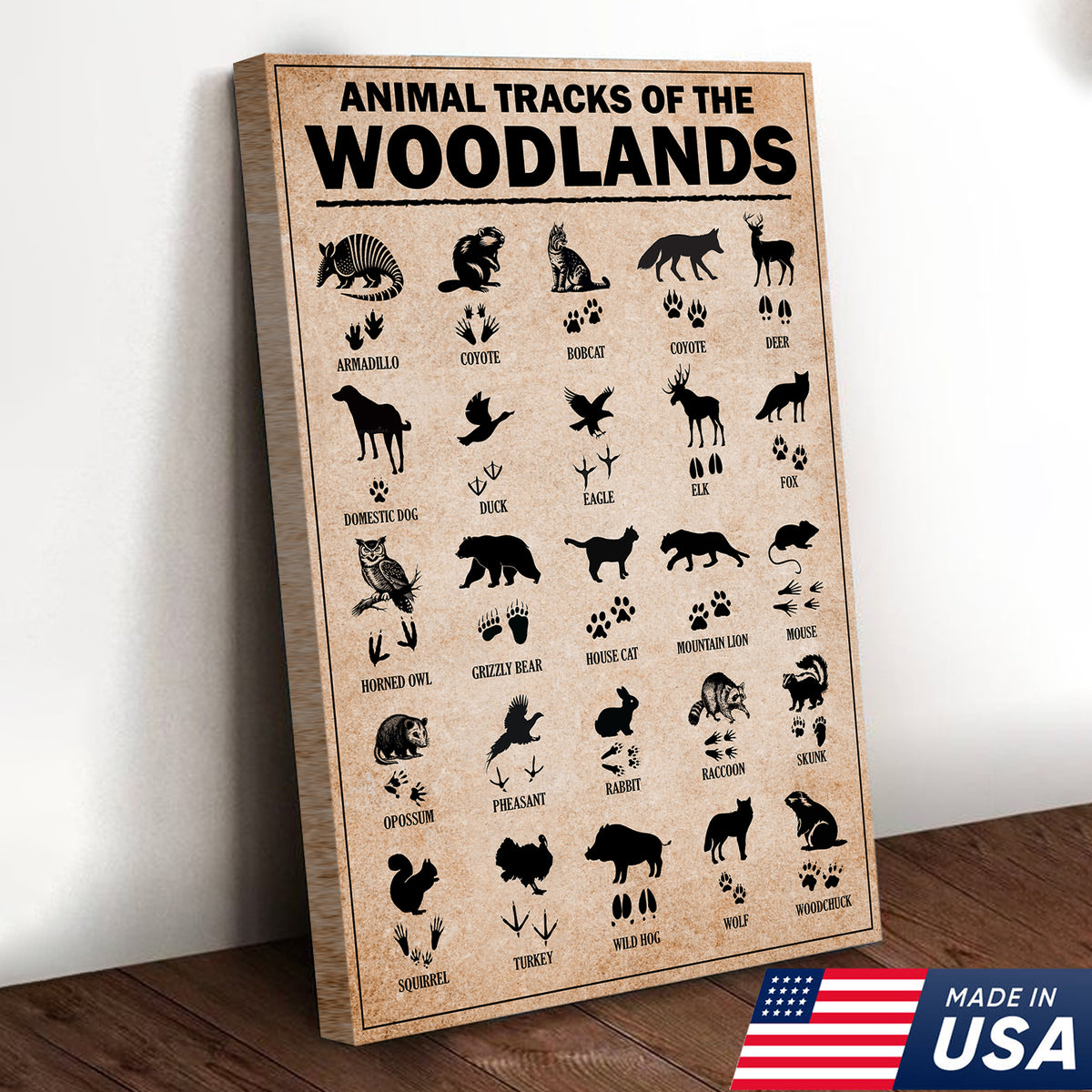 Animal Tracks of the Woodlands Canvas Wall Art, Wildlife Footprint Chart, Rustic Hunting Cabin