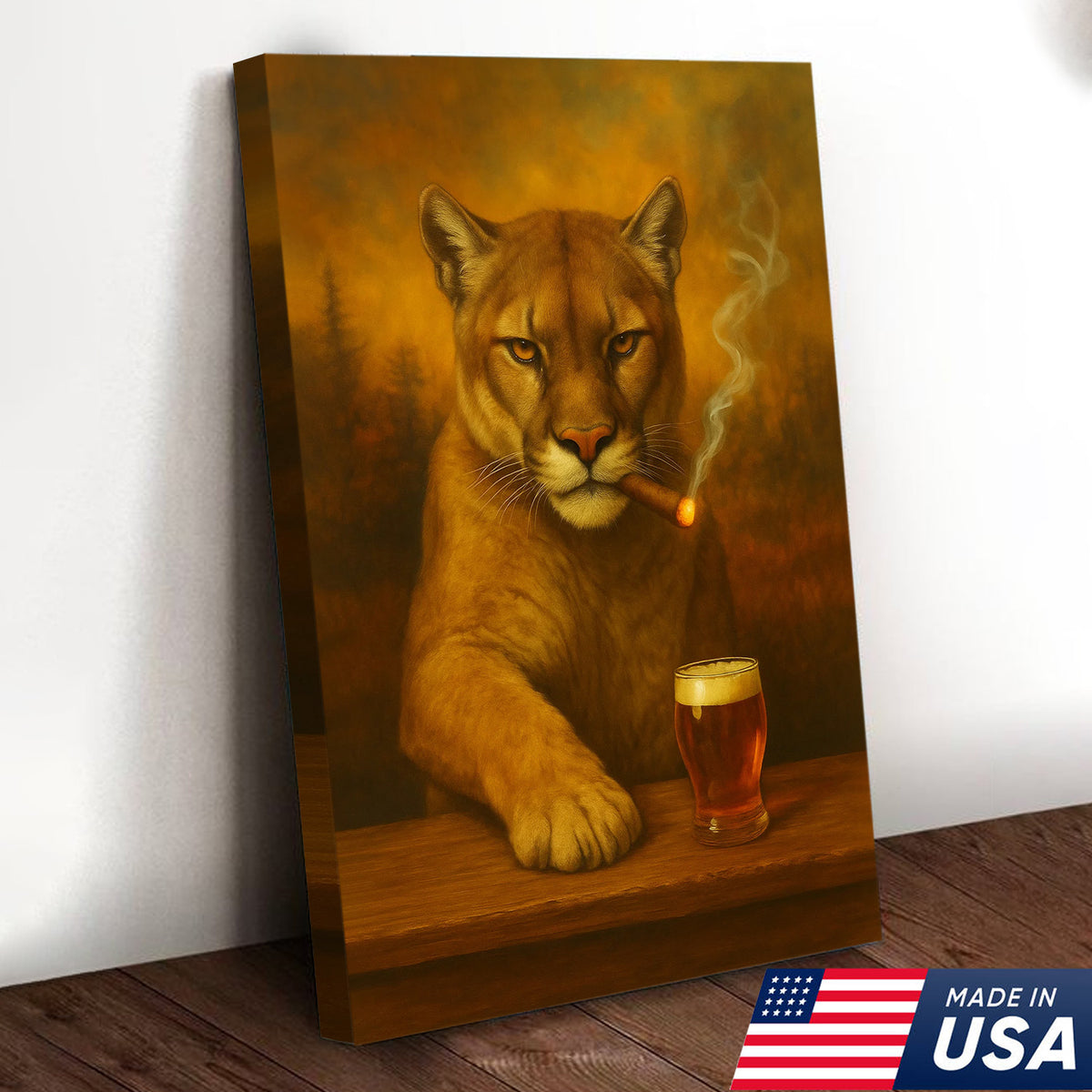 Funny Mountain Lion Smoking With Cocktail Glasses Canvas Wall Art – Rustic Bar Decor Perfect Gift for Hunters