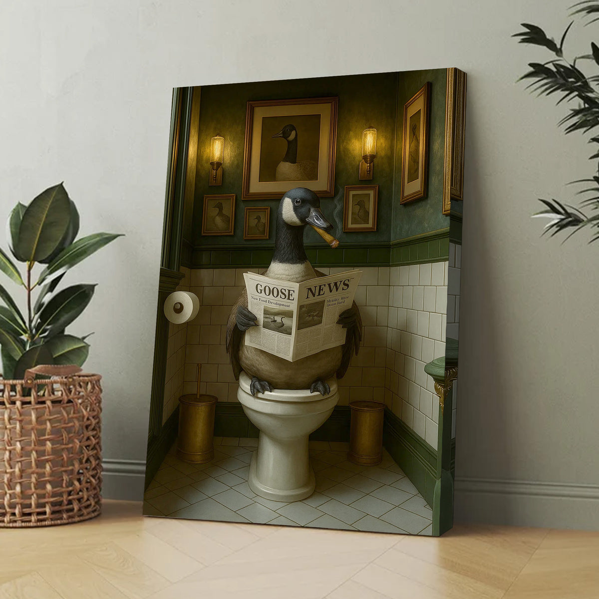 Funny Canada Goose Bathroom Poster – Rustic Cabin Wall Art, Goose Reading Newspaper on Toilet