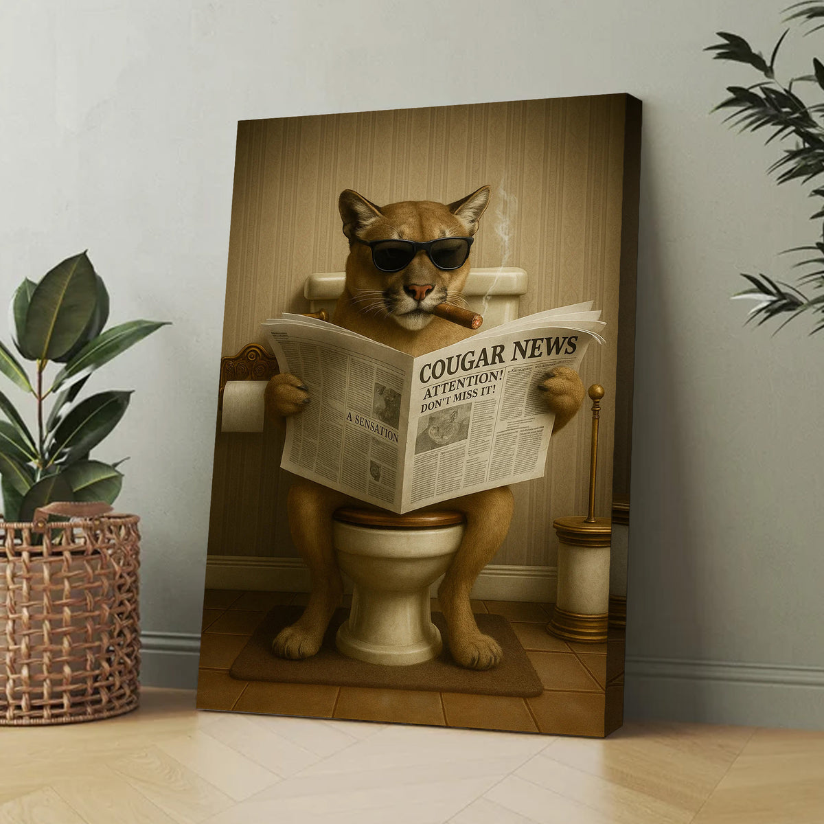 Funny Cougar Bathroom Canvas – Mountain Lion on Toilet Reading Newspaper - Rustic Cabin Decor