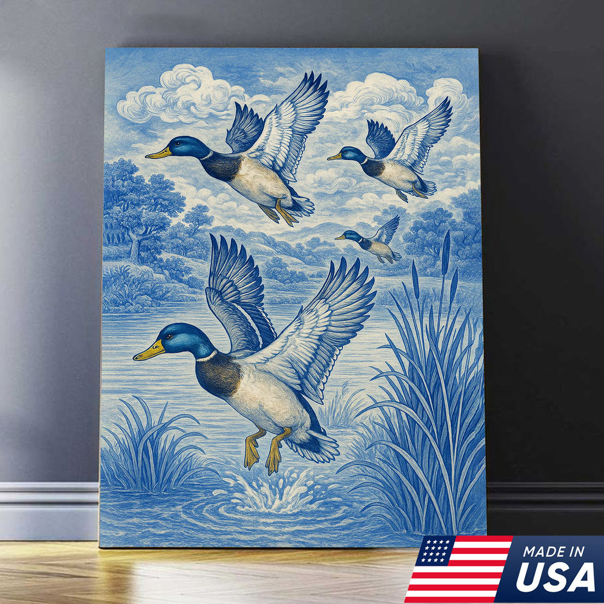 Vintage Mallard Duck Hunting Canvas – Rustic Blue Wildlife Wall Art USA