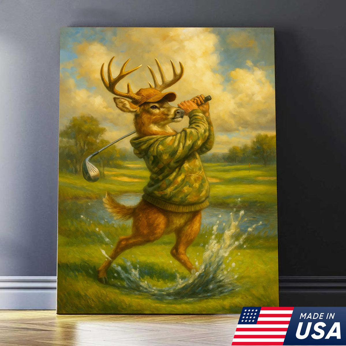 Funny Deer Playing Golf Canvas Wall Art – Rustic Hunting Cabin Lodge Decor, Man Cave & Golfer Gift