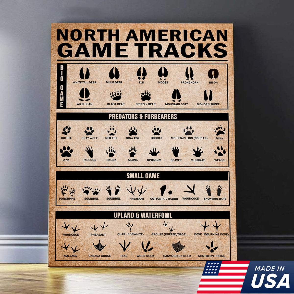 North American Game Tracks Canvas, Hunting Lodge Wall Art, Rustic Cabin Canvas Decor