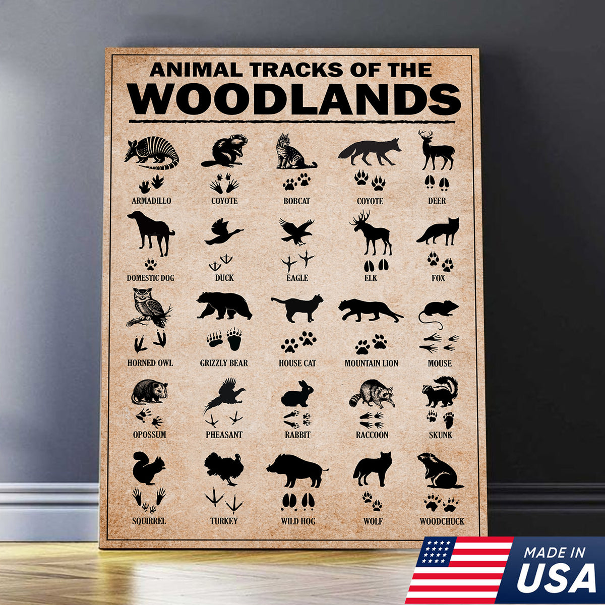Animal Tracks of the Woodlands Canvas Wall Art, Wildlife Footprint Chart, Rustic Hunting Cabin