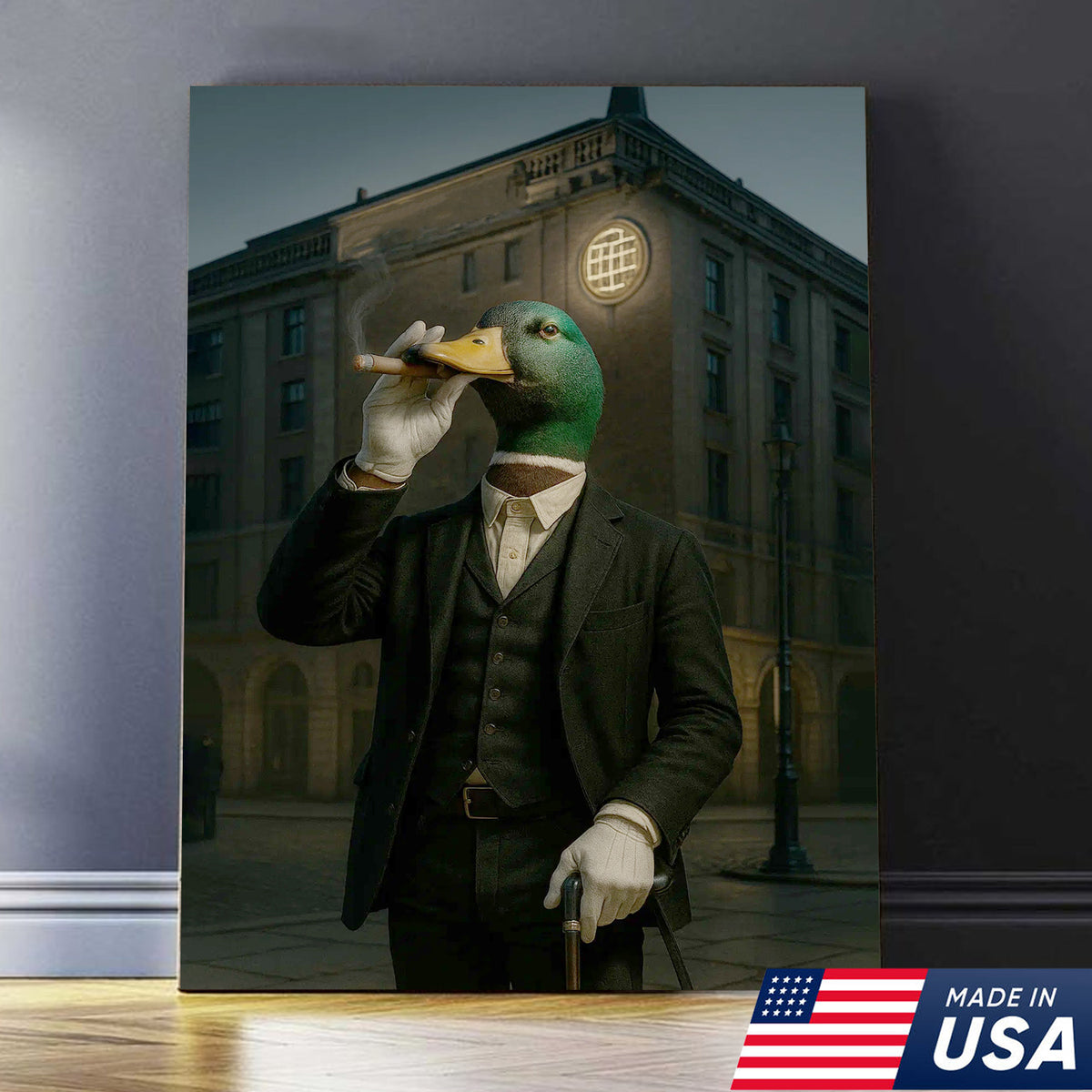 Mallard Gentleman Canvas – Duck in Suit Portrait, Vintage Noir Animal Wall Art