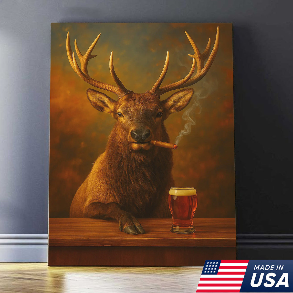 Funny Elk Drinking Cocktail Glasses & Smoking Canvas Wall Art - Rustic Hunting Perfect Gift for Hunters
