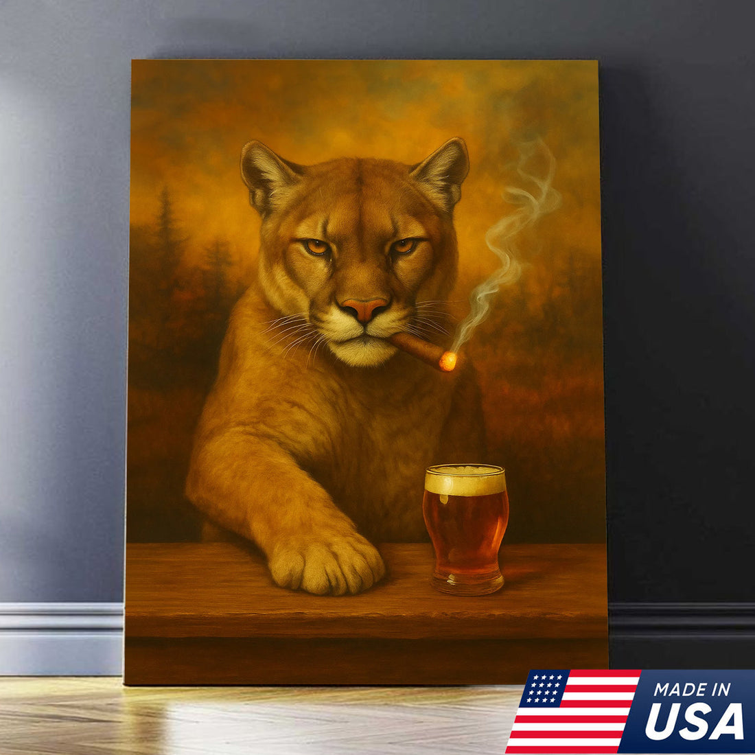 Funny Mountain Lion Smoking With Cocktail Glasses Canvas Wall Art – Rustic Bar Decor Perfect Gift for Hunters