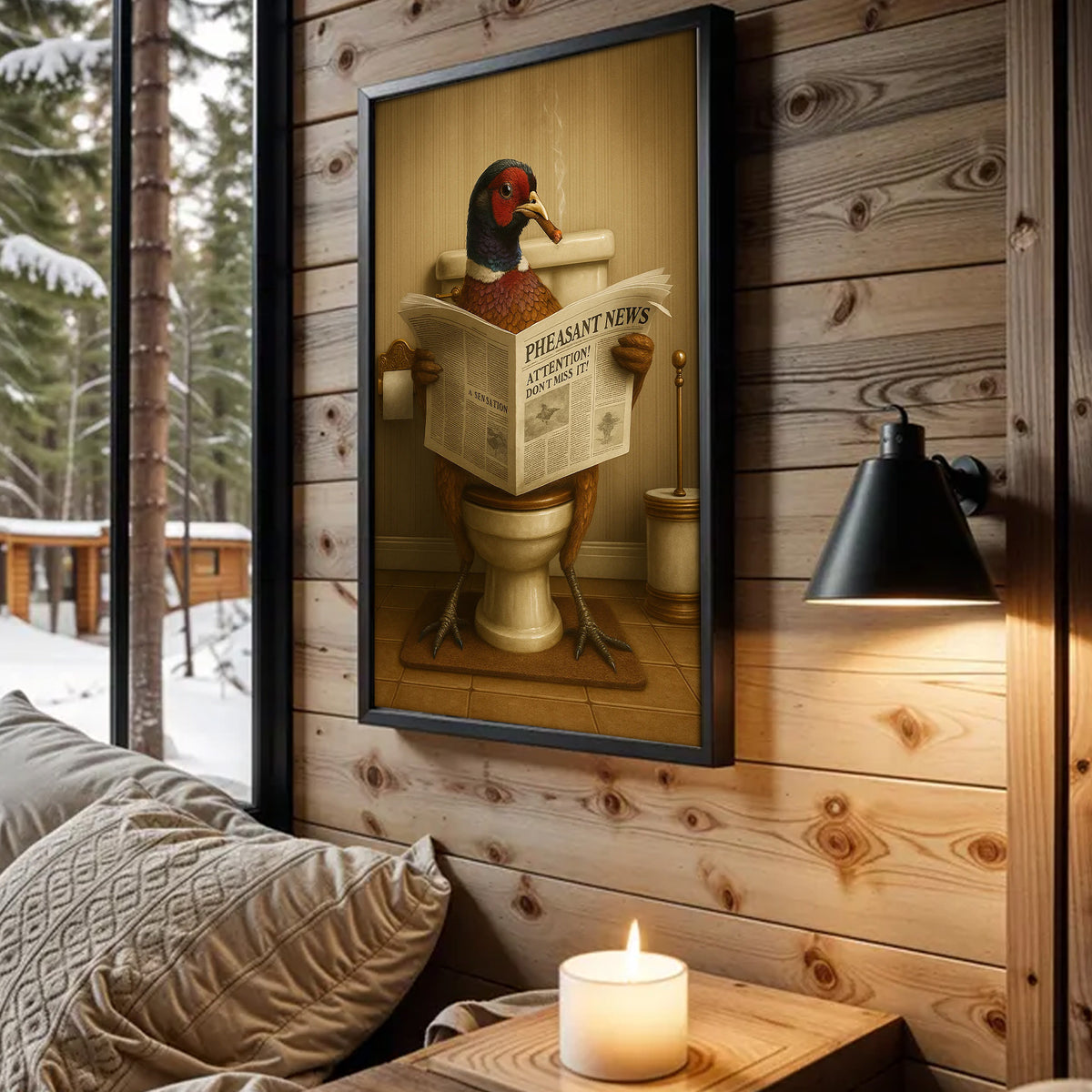 Pheasant Reading News Smoking Bathroom Wall Art – Rustic Decor for Men, Hilarious Gift for Hunter
