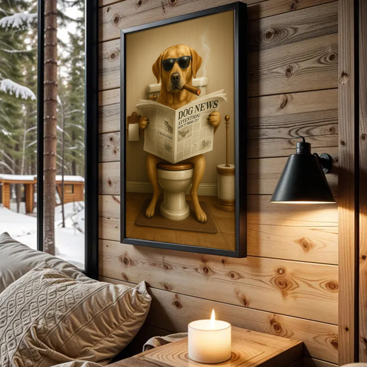 Funny Labrador Bathroom Poster Canvas – Dog on Toilet Reading Newspaper