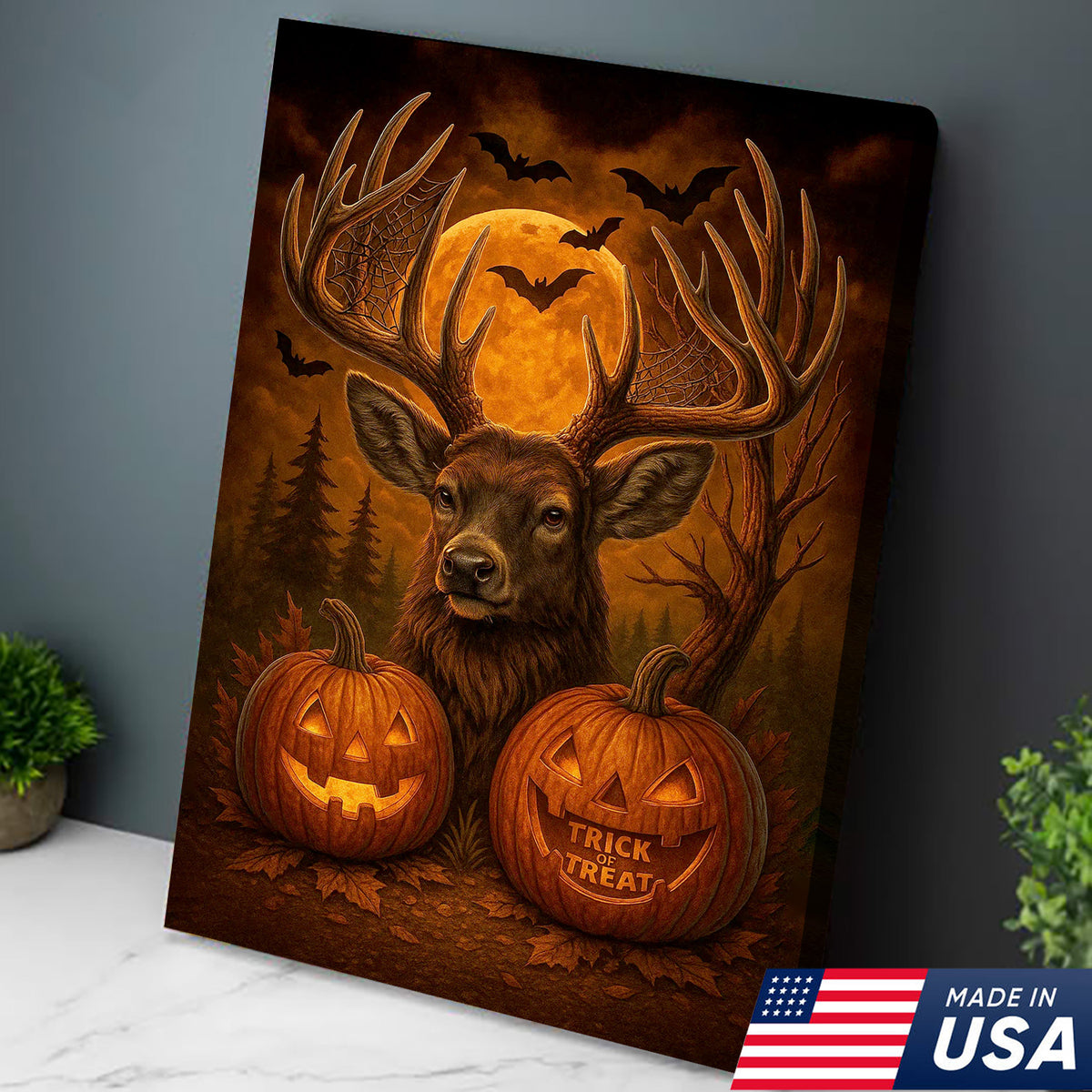 Trophy Buck Halloween Canvas Wall Art – Spooky Deer with Pumpkins and Full Moon Decor