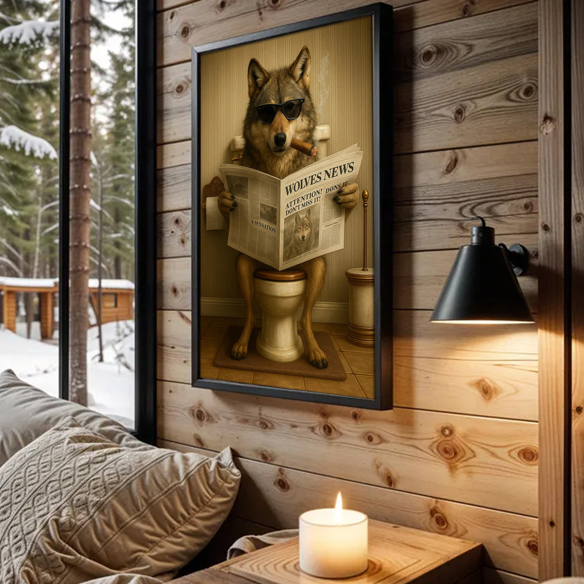 Funny Wolves News Poster Canvas – Hilarious Bathroom Scene with Cool Wolf on Toilet