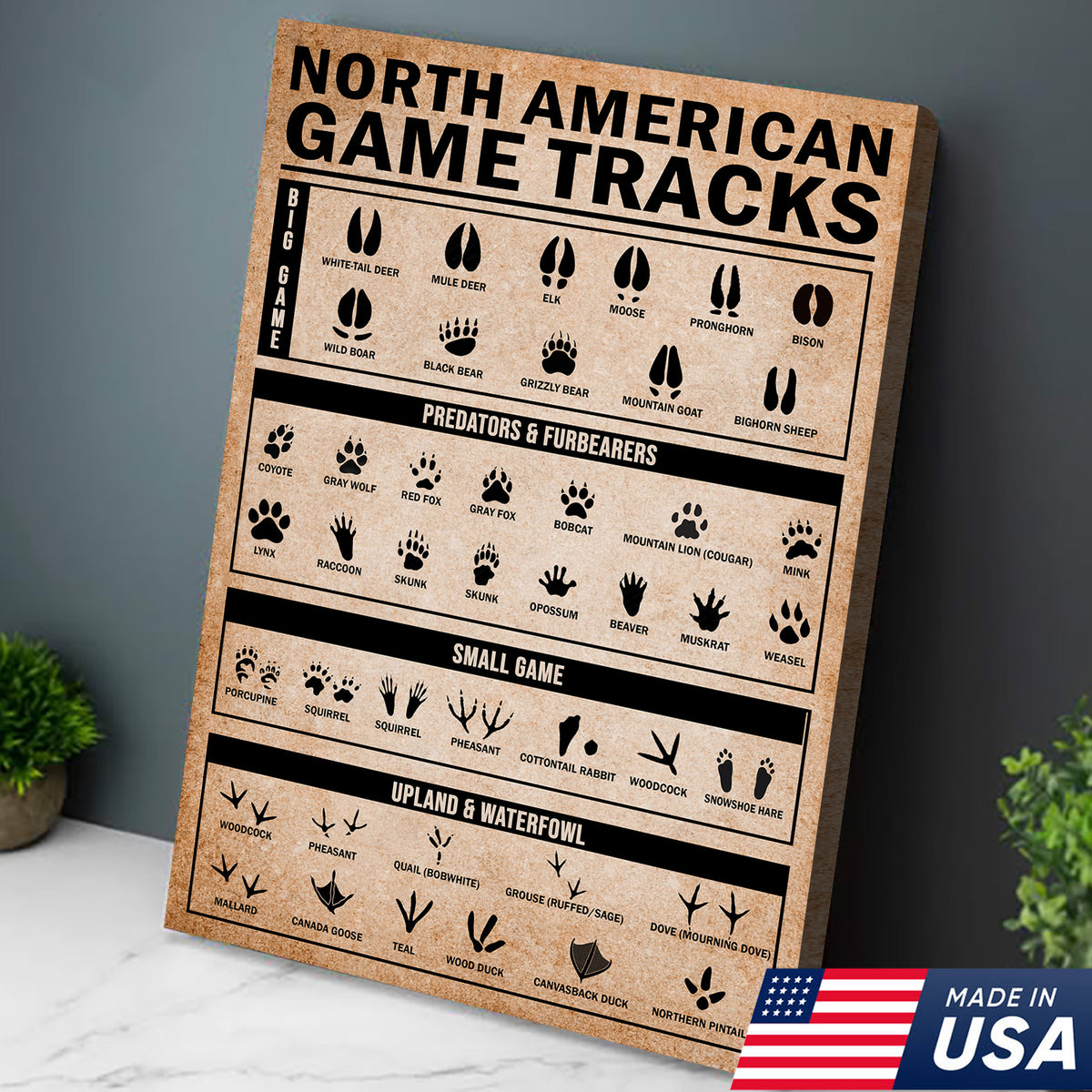 North American Game Tracks Canvas, Hunting Lodge Wall Art, Rustic Cabin Canvas Decor