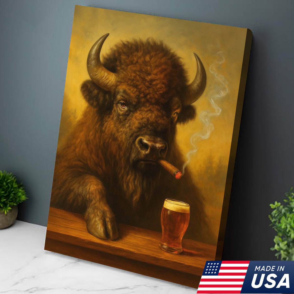 Funny Bison Smoking & Drinking Canvas Wall Art - Rustic Bar & Hunting Lodge Decor