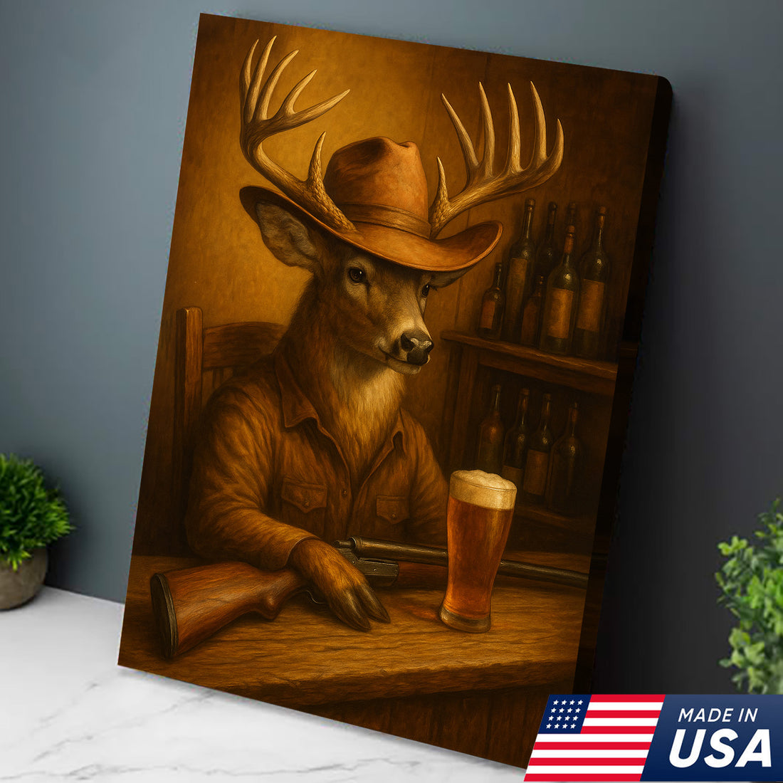 Funny Cowboy Deer Cocktail Glasses Bar Canvas Wall Art – Rustic Hunting Lodge Decor