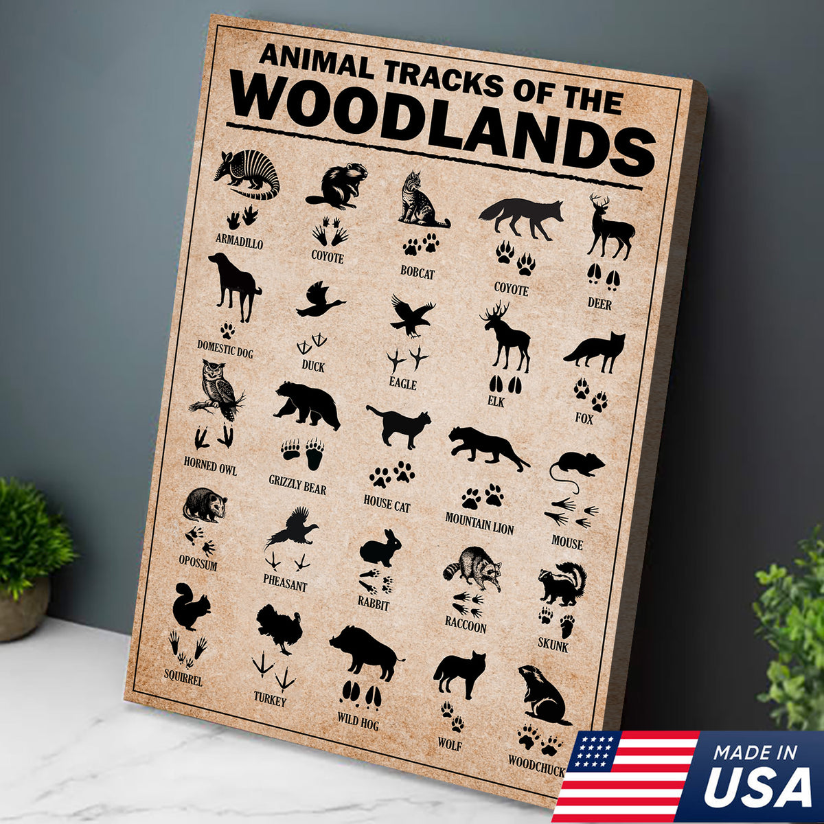 Animal Tracks of the Woodlands Canvas Wall Art, Wildlife Footprint Chart, Rustic Hunting Cabin