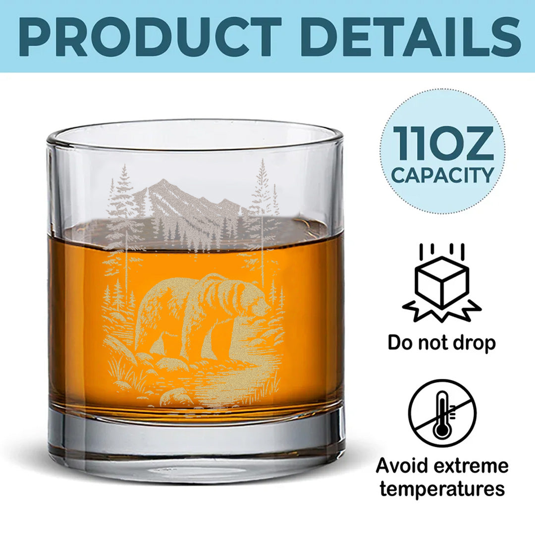 Bear Forest Engraved Whiskey Glass, Rustic Barware Gift for Hunters, Outdoorsmen & Drinking Lovers