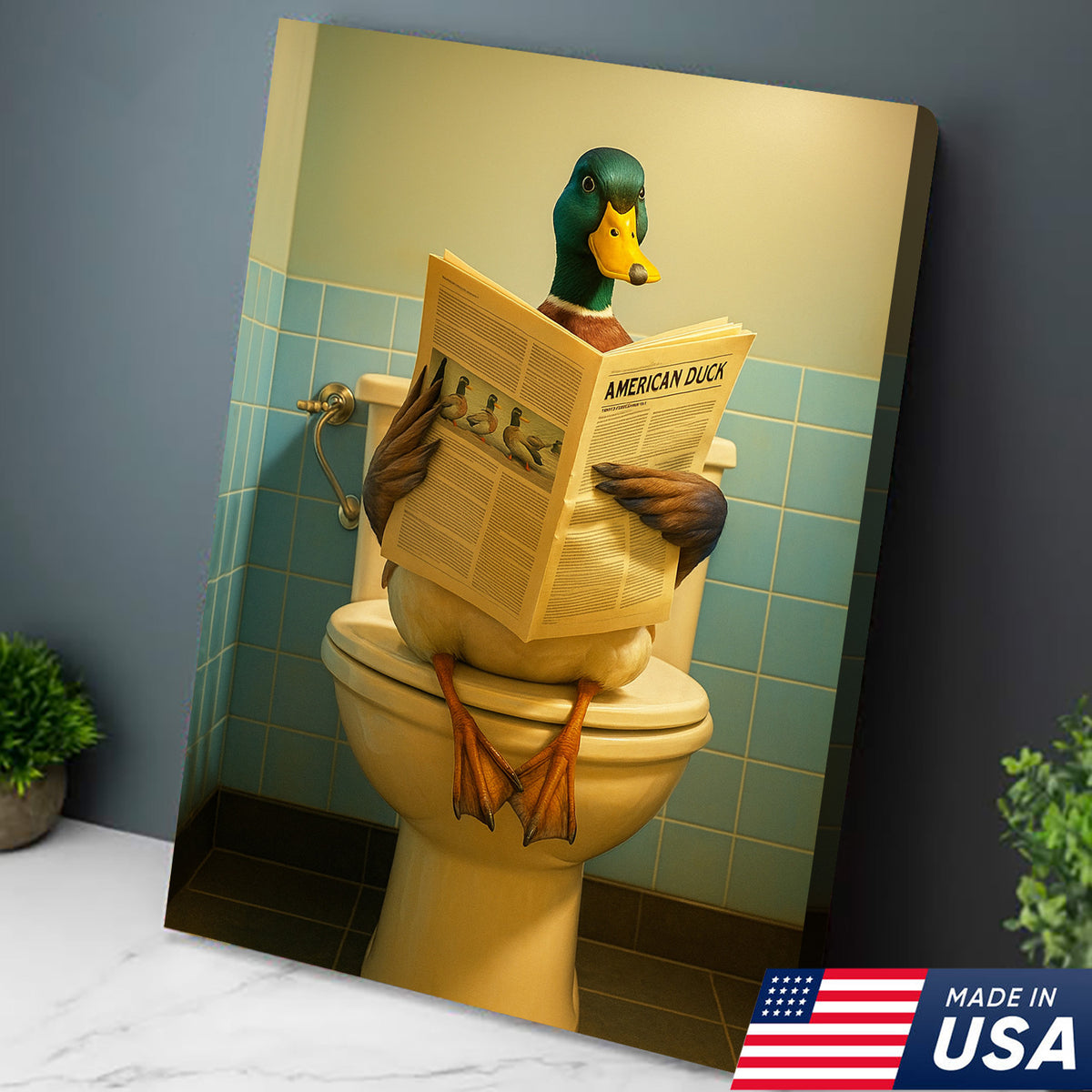Funny Duck Bathroom Wall Art Canvas – Mallard Reading Newspaper Canvas Decor