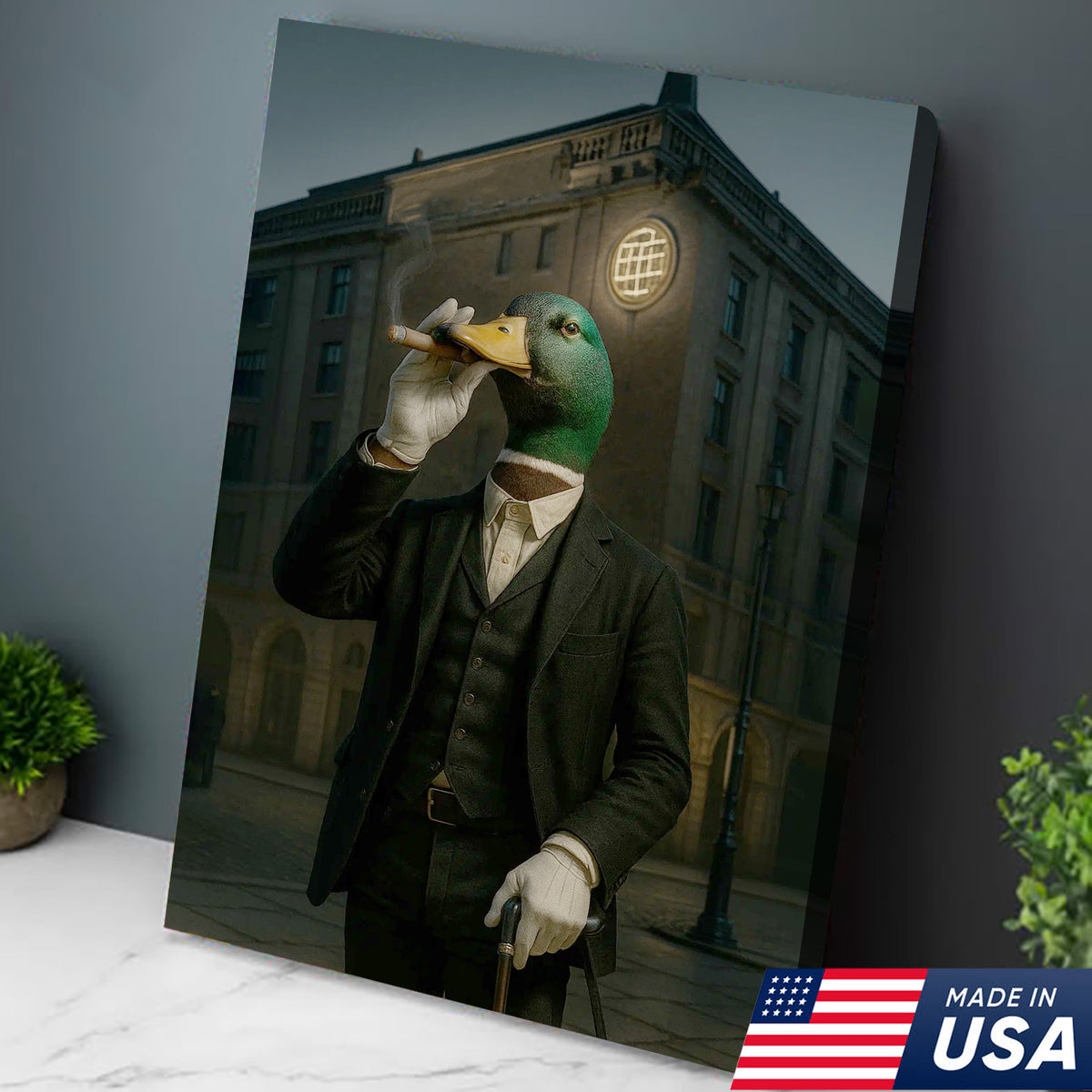 Mallard Gentleman Canvas – Duck in Suit Portrait, Vintage Noir Animal Wall Art