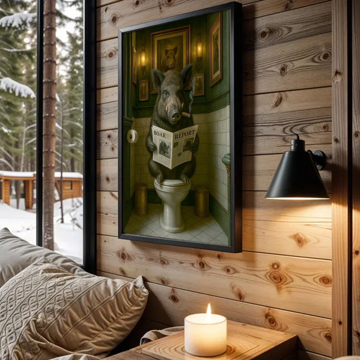 Funny Comical Wild Hog Poster – Smoking Boar on Toilet - Unique Rustic Gift for Hunters