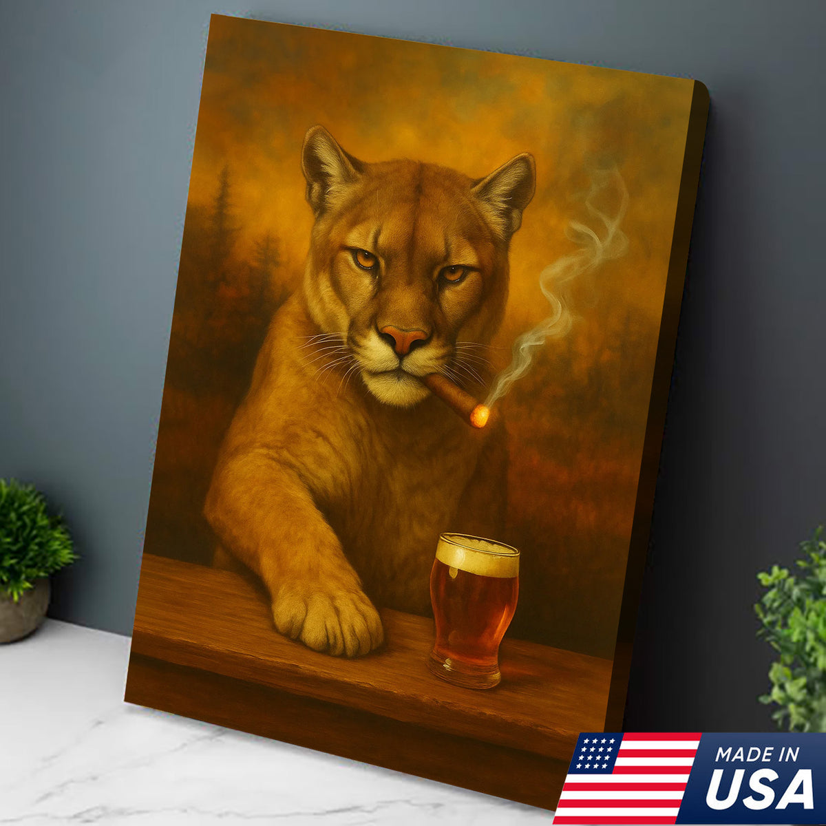 Funny Mountain Lion Smoking With Cocktail Glasses Canvas Wall Art – Rustic Bar Decor Perfect Gift for Hunters