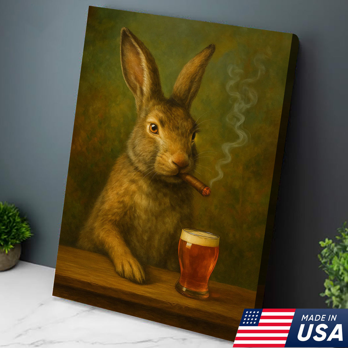 Funny Rabbit Smoking and Drinking Cocktail Glasses Canvas Wall Art – Rustic Cabin Decor