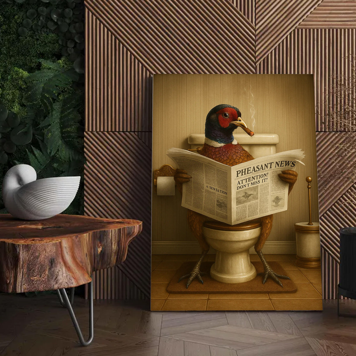 Pheasant Reading News Smoking Bathroom Wall Art – Rustic Decor for Men, Hilarious Gift for Hunter