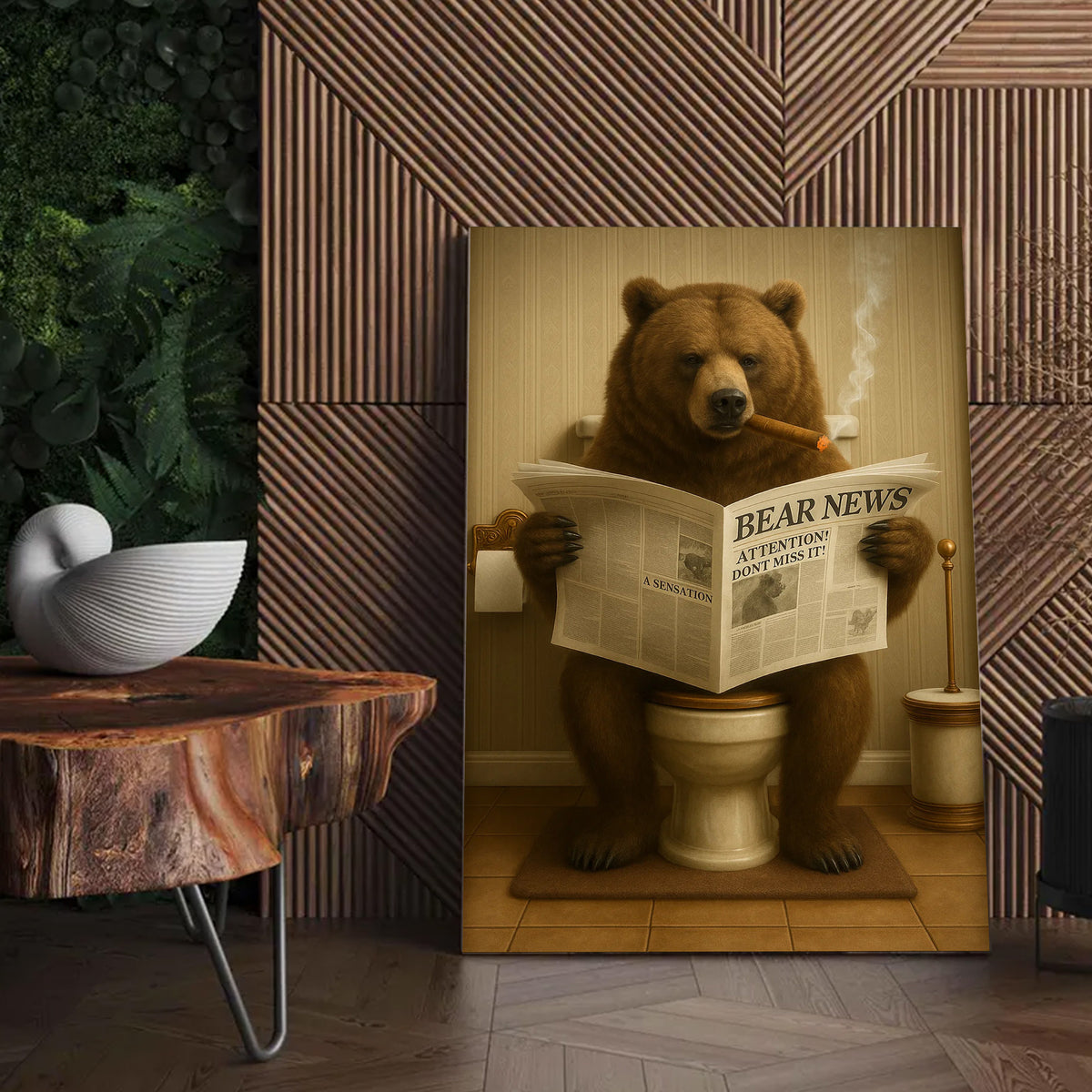 Grizzly Bear Bathroom Canvas – Funny Cabin Decor with Bear Hunting on Toilet Reading Newspaper