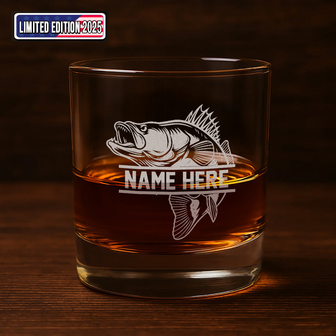 Personalized Engraved Whiskey Glass, Custom Fishing Rocks Glass, Gift for Fishermen, Rustic Barware