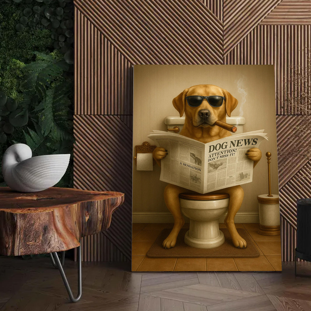 Funny Labrador Bathroom Poster Canvas – Dog on Toilet Reading Newspaper