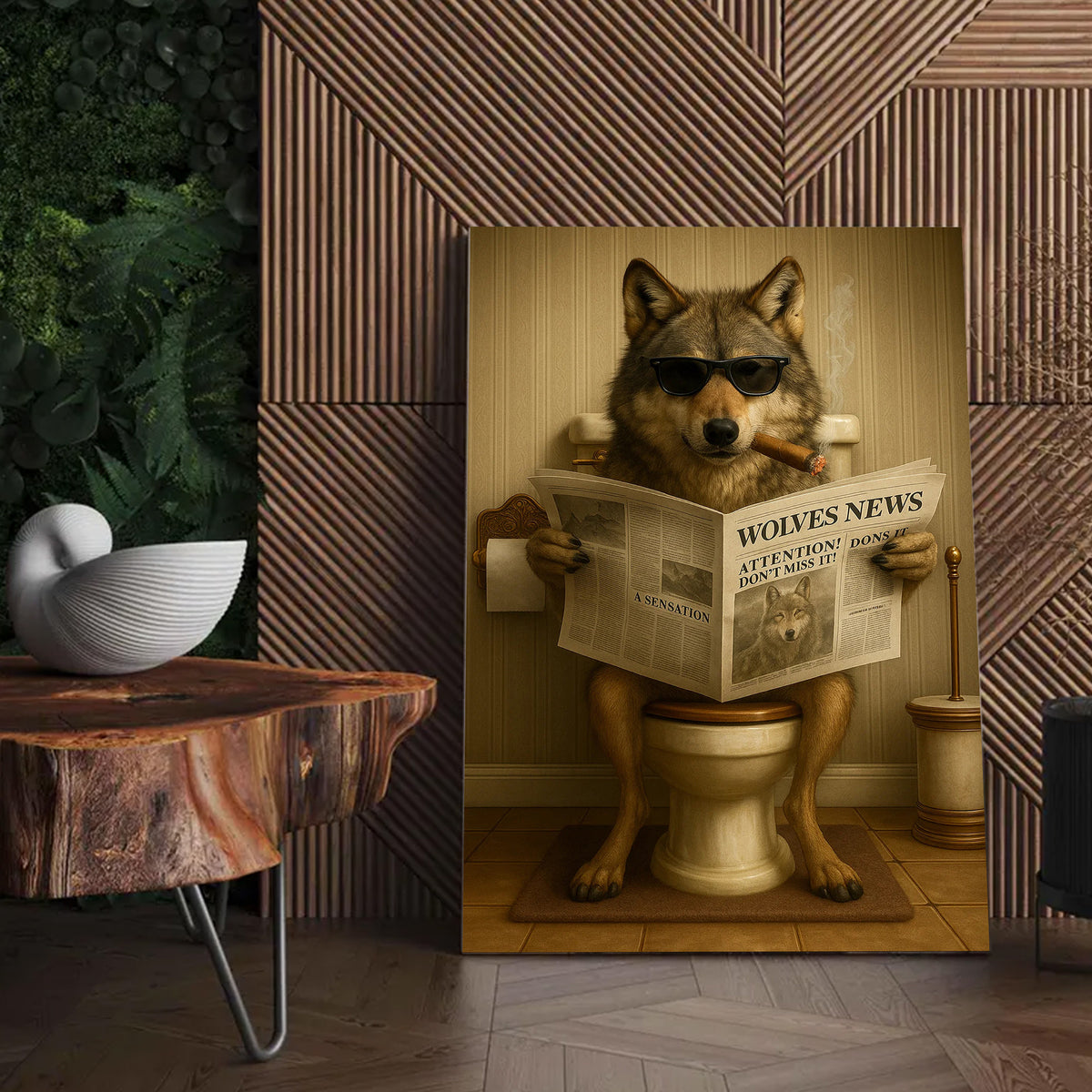 Funny Wolves News Poster Canvas – Hilarious Bathroom Scene with Cool Wolf on Toilet