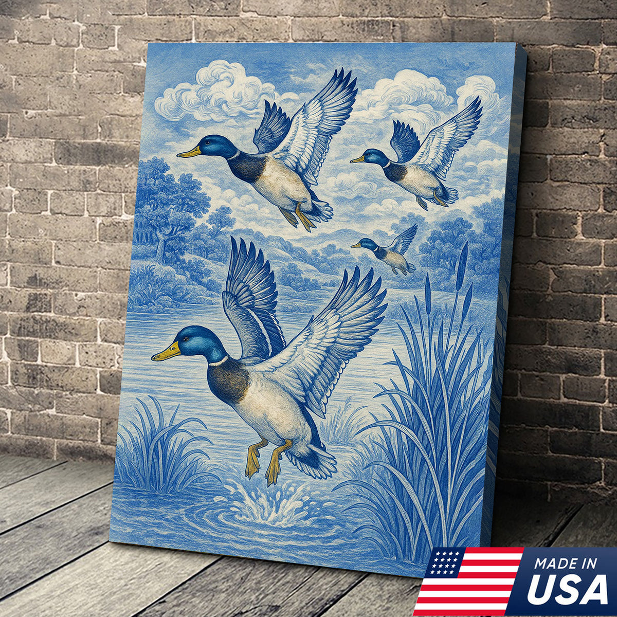 Vintage Mallard Duck Hunting Canvas – Rustic Blue Wildlife Wall Art USA