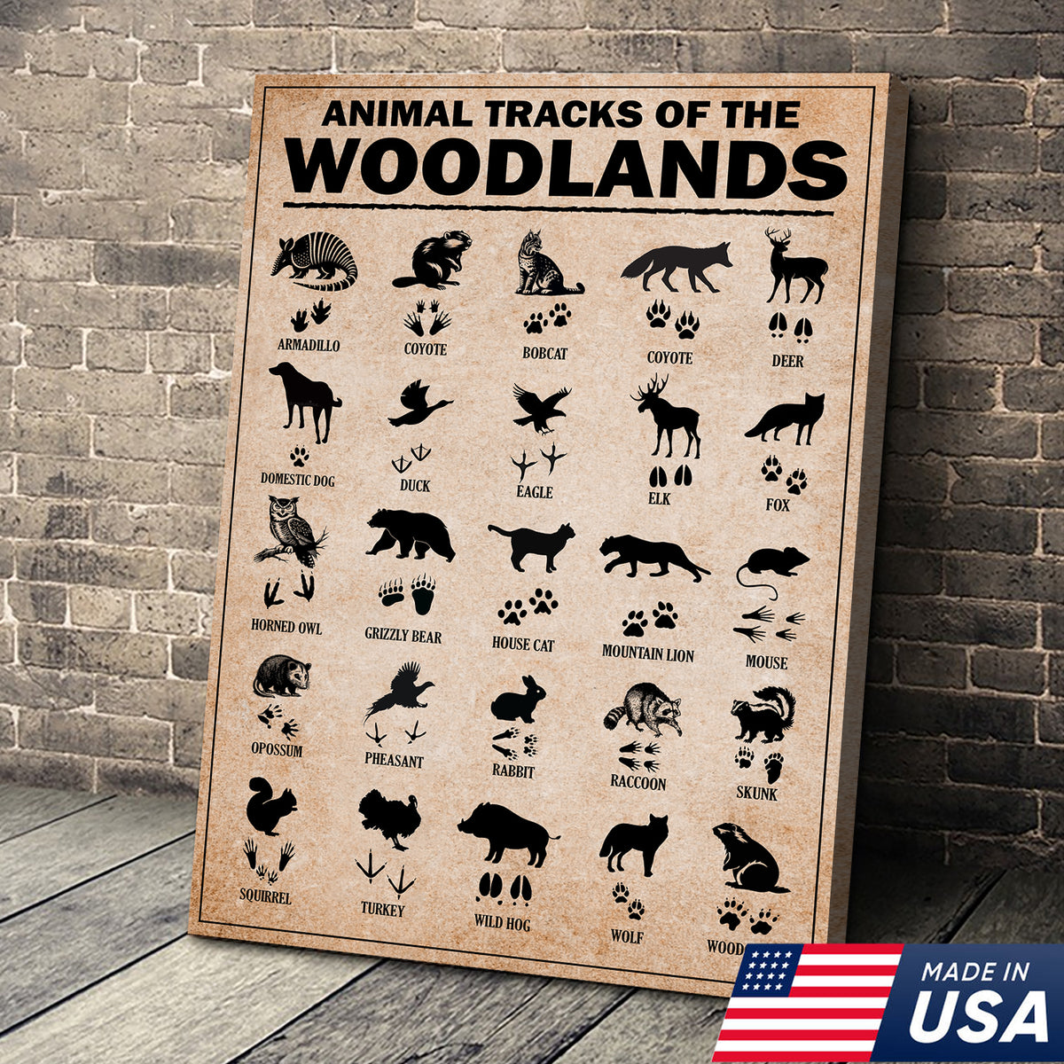 Animal Tracks of the Woodlands Canvas Wall Art, Wildlife Footprint Chart, Rustic Hunting Cabin