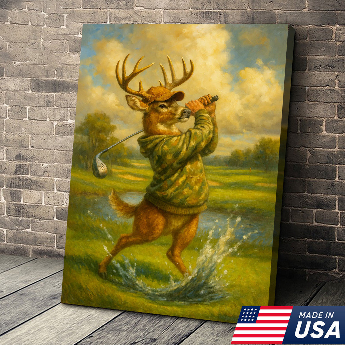 Funny Deer Playing Golf Canvas Wall Art – Rustic Hunting Cabin Lodge Decor, Man Cave & Golfer Gift