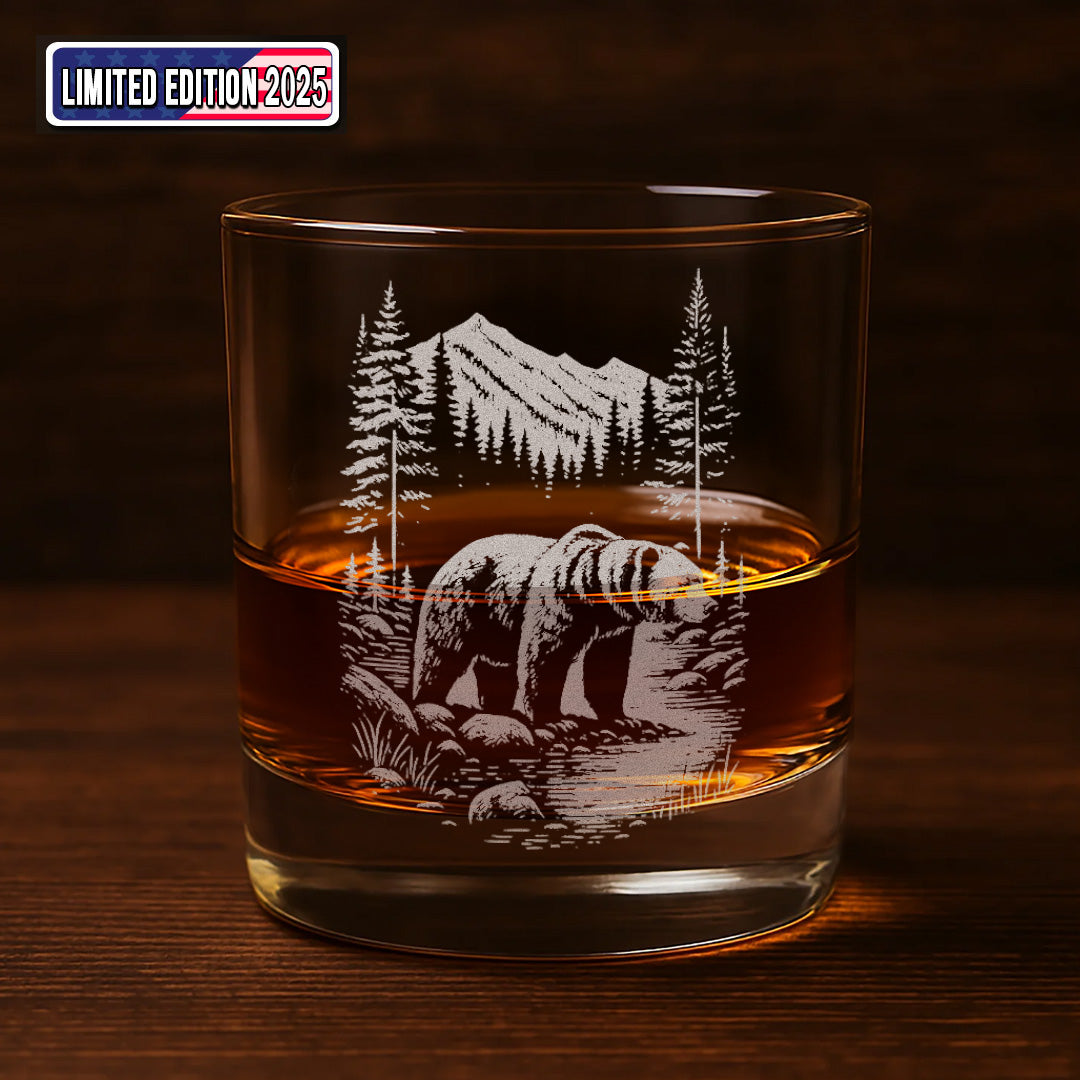 Bear Forest Engraved Whiskey Glass, Rustic Barware Gift for Hunters, Outdoorsmen & Drinking Lovers