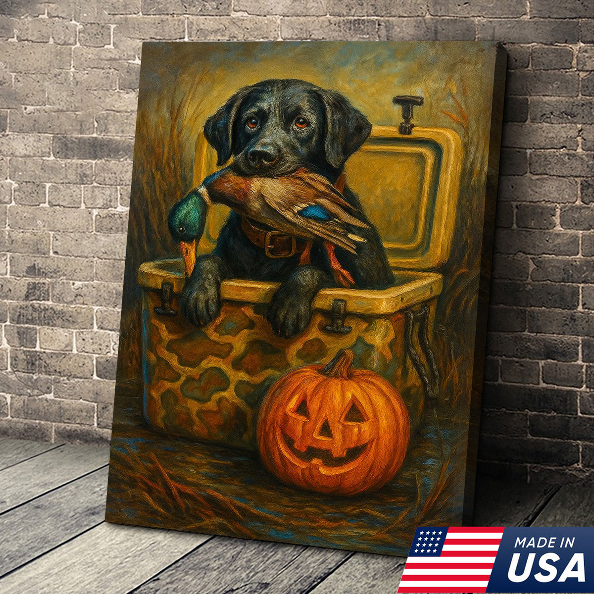 Labrador Retriever Hunting Dog Canvas Wall Art – Black Lab with Duck and Halloween Pumpkin Decor