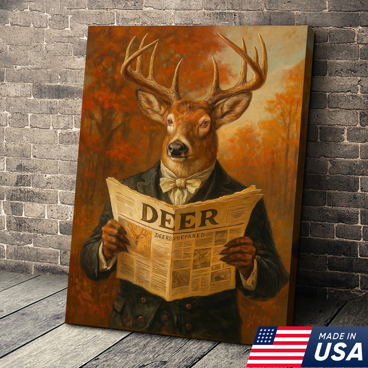 Funny Deer Reading Newspaper Canvas – Rustic Hunting Lodge Wall Art