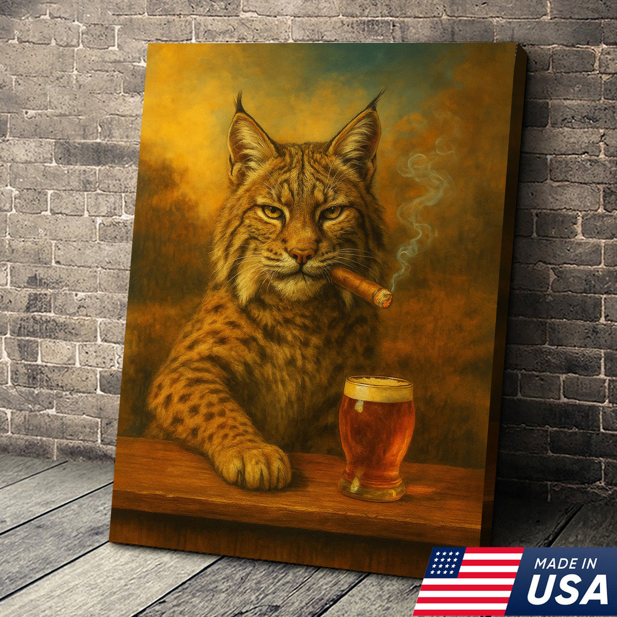 Funny Bobcat Smoking with Cocktail Glasses Canvas – Rustic Cabin & Hunting Lodge Wall Art