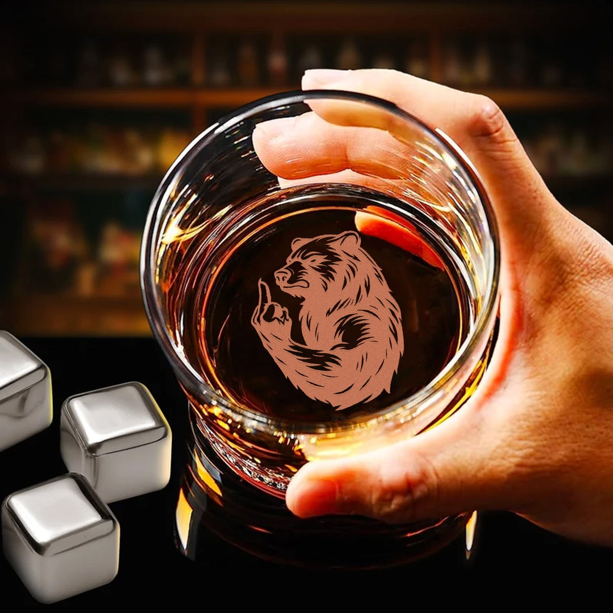 Bear Engraved Whiskey Glass – Funny Funny Finger Whiskey Glass for Men, Unique Barware Gift