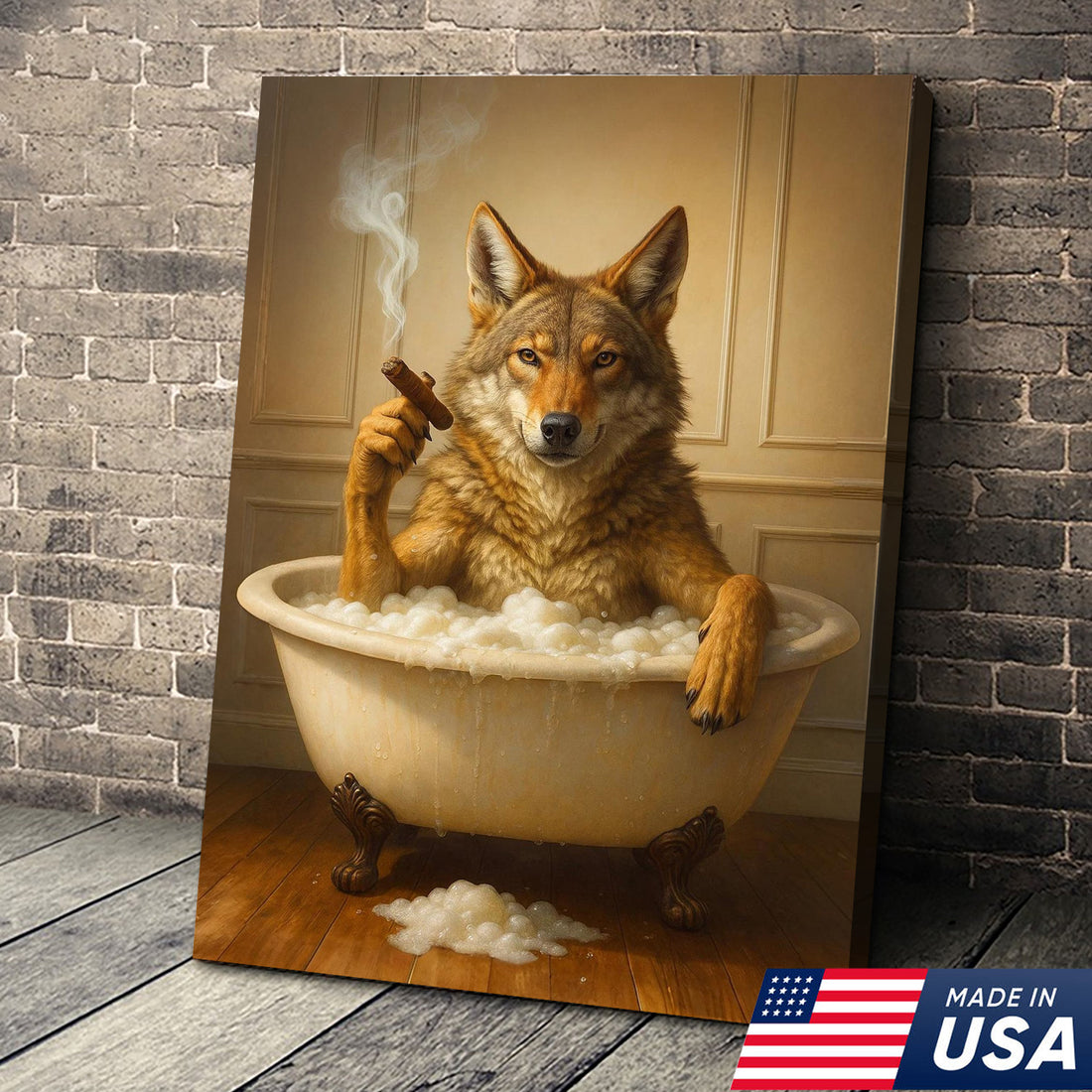Wolf Coyote Canvas Wall Art, Funny Animal Portrait in Bubble Bath, Vintage Rustic Bathroom Decor Print