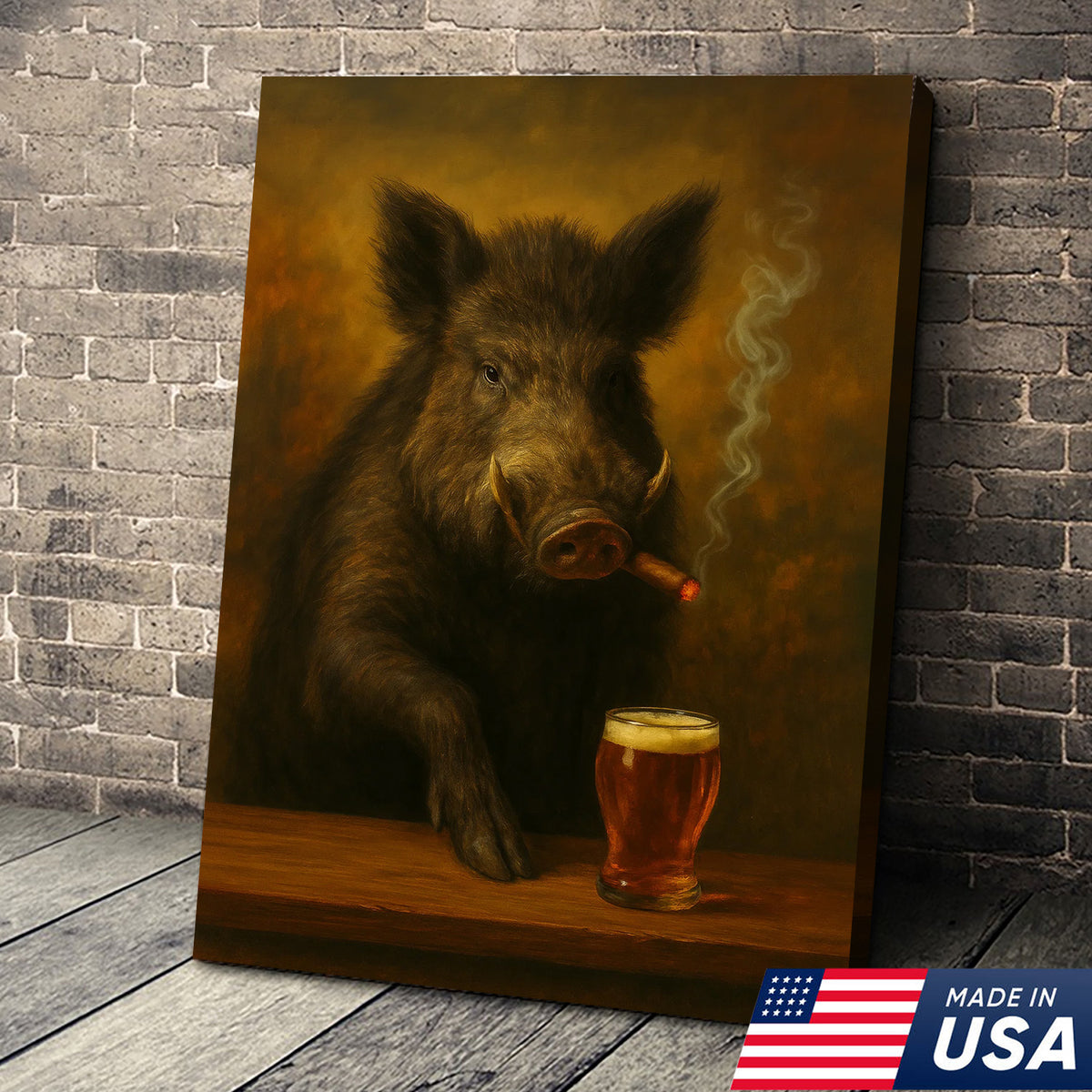Funny Wild Boar Smoking with Cocktail Glasses Canvas – Rustic Hunting Lodge Wall Art