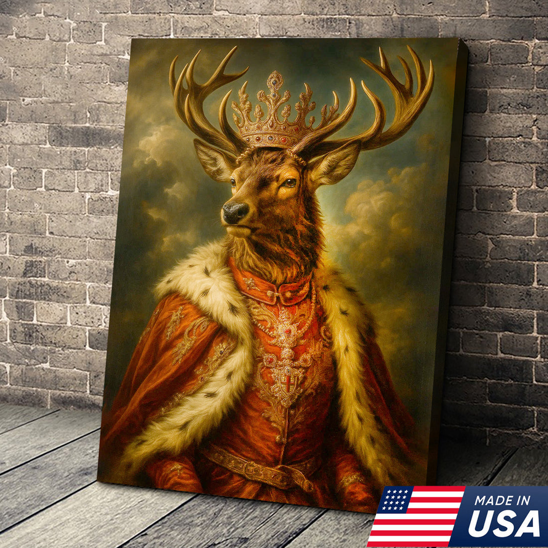 Royal Stag King Canvas Wall Art – Crowned Deer Portrait, Vintage Baroque Animal Print