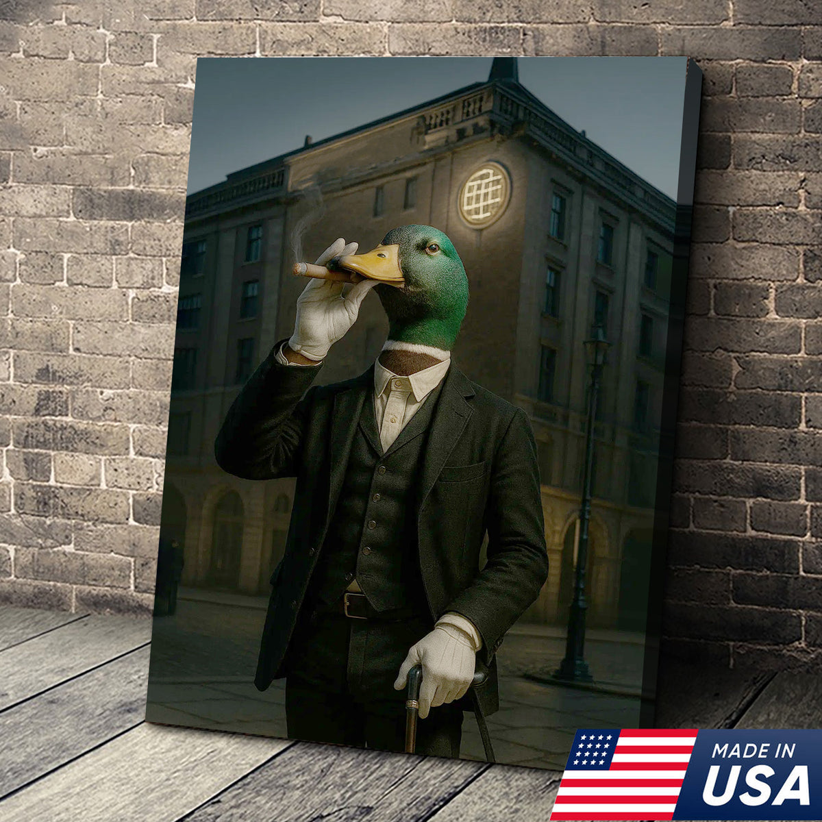 Mallard Gentleman Canvas – Duck in Suit Portrait, Vintage Noir Animal Wall Art
