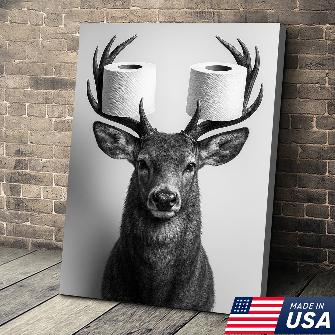 Deer Canvas Wall Art - Funny Animal Portrait with Toilet Paper on Antlers