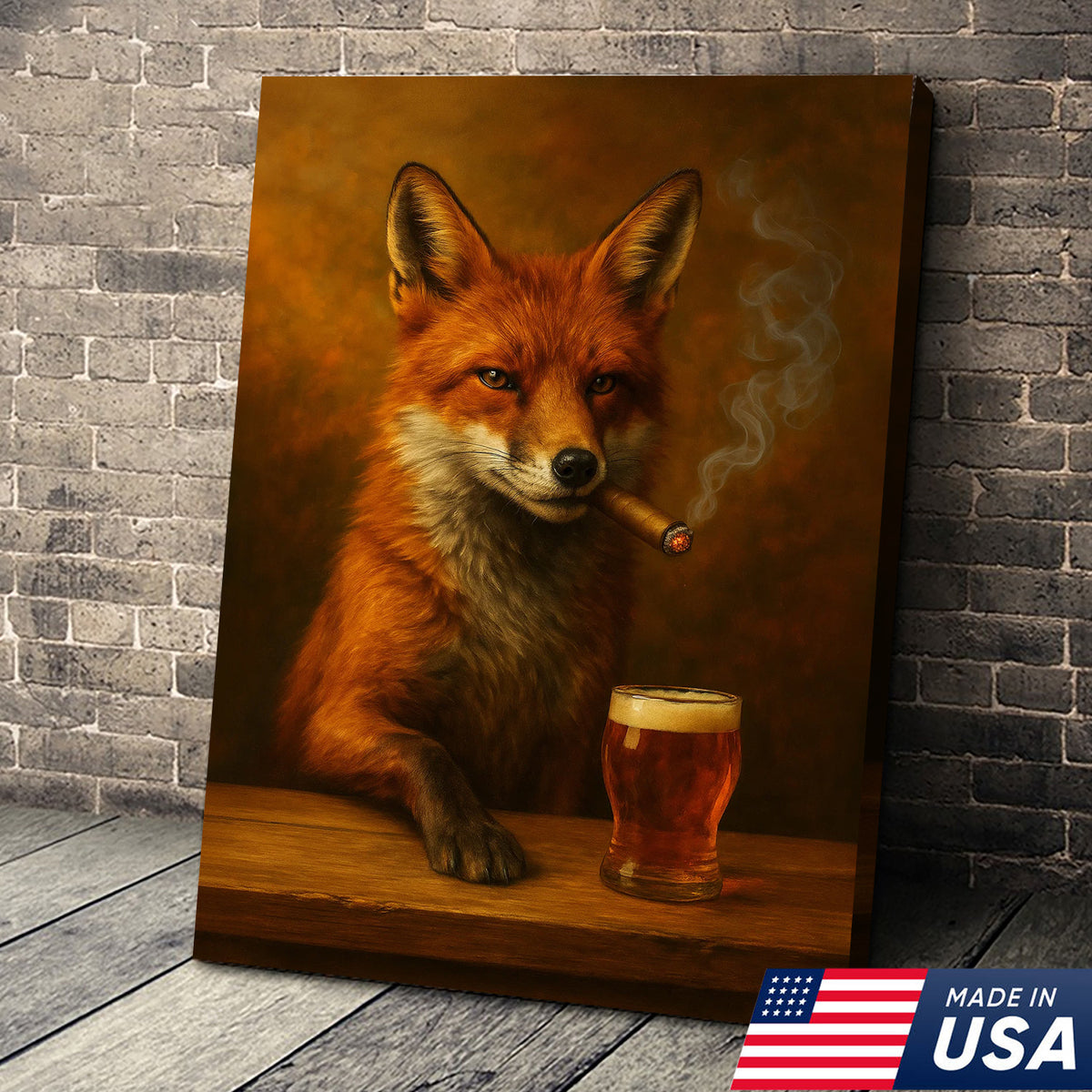 Funny Fox Smoking with Cocktail Glasses Canvas – Rustic Hunting Lodge Wall Art