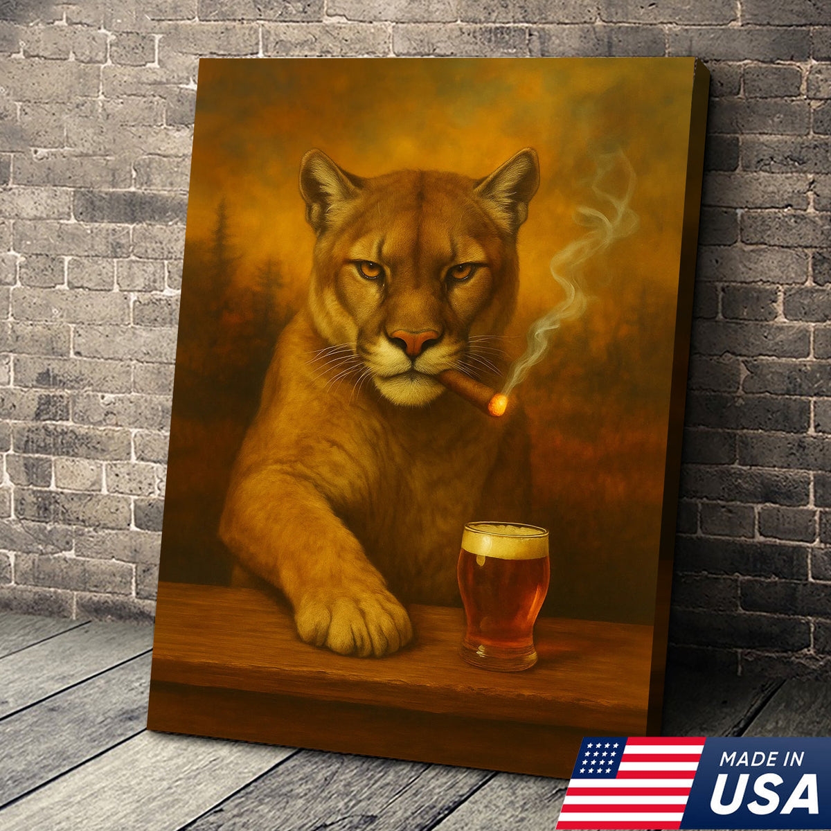 Funny Mountain Lion Smoking With Cocktail Glasses Canvas Wall Art – Rustic Bar Decor Perfect Gift for Hunters