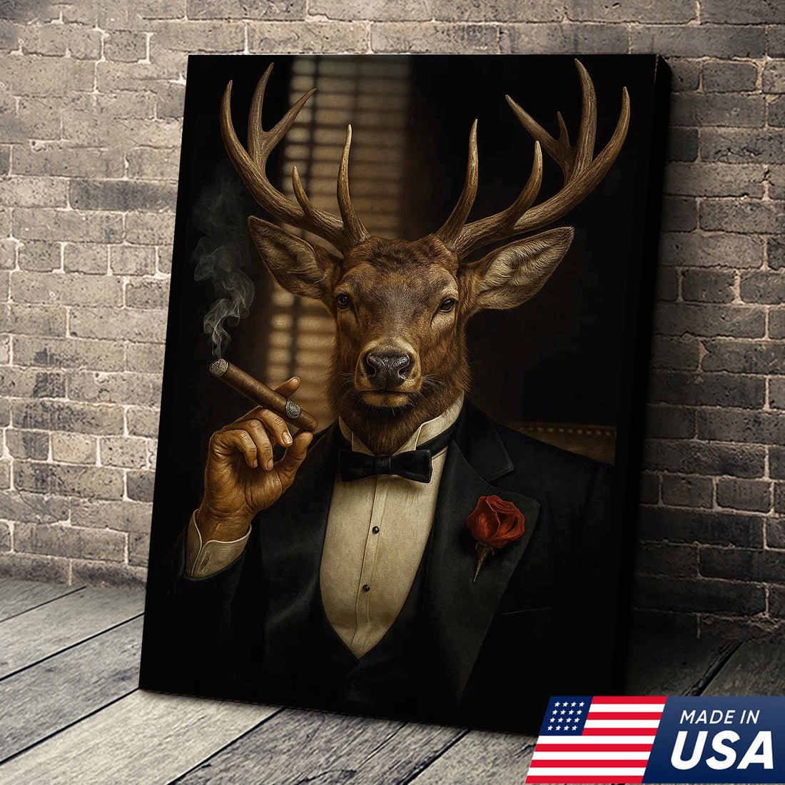 Deer in Tuxedo Canvas Wall Art – Elegant Deer Portrait, Vintage Noir Animal Print